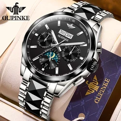 OUPINKE 3238 Black Tungsten Steel Men's Watches Moon Phase Calendar Luminous Waterproof Multifunction Luxury Automatic Man Watch