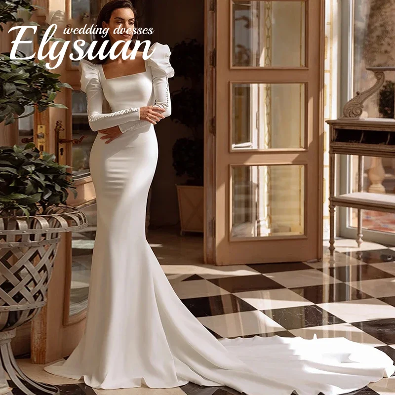 Customized Puffed Long Sleeves Princess Wedding Dress Modest Square Neck Bride Wear Elegant Mermaid Simple  Modern Bridal Gown