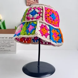 Handmade Crochet Bucket Hat Women Autumn Winter Flower Knit Beanies INS Korean Casual Beanies Panama Cap Fisherman Hat