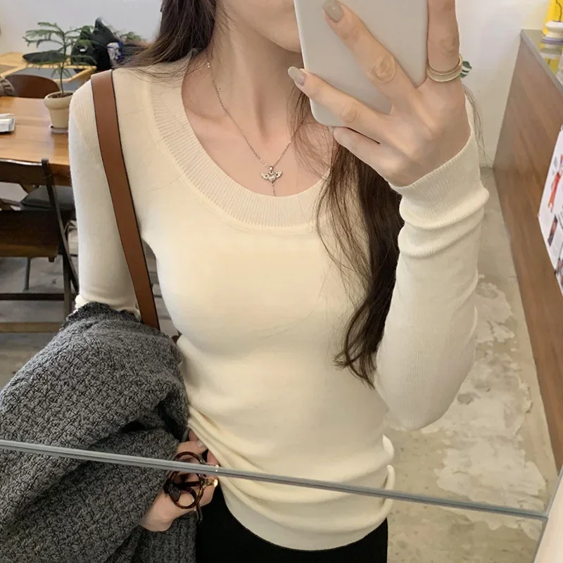 Korean Wear With Slim-Fit Knit Base Shirt Women 2024 Autumn New Women's Temperament Gentle Inside The Network Red Top