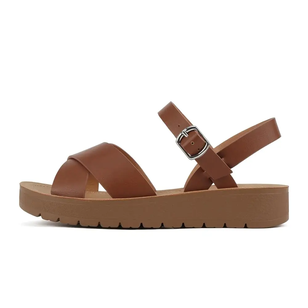 

Soda CHESTER ~ Women Flat Sandals Flatform Ankle Buckle Criss Cross Band Straps Sandals Shoes