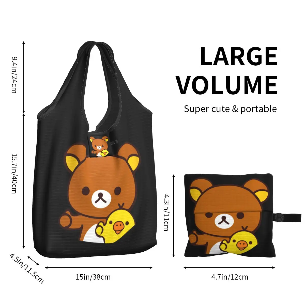 Rilakkuma Kiiroitori Grocery Bag Durable Large Reusable Recycle Foldable Heavy Duty Shopping Tote Bag Washable Attached Pouch