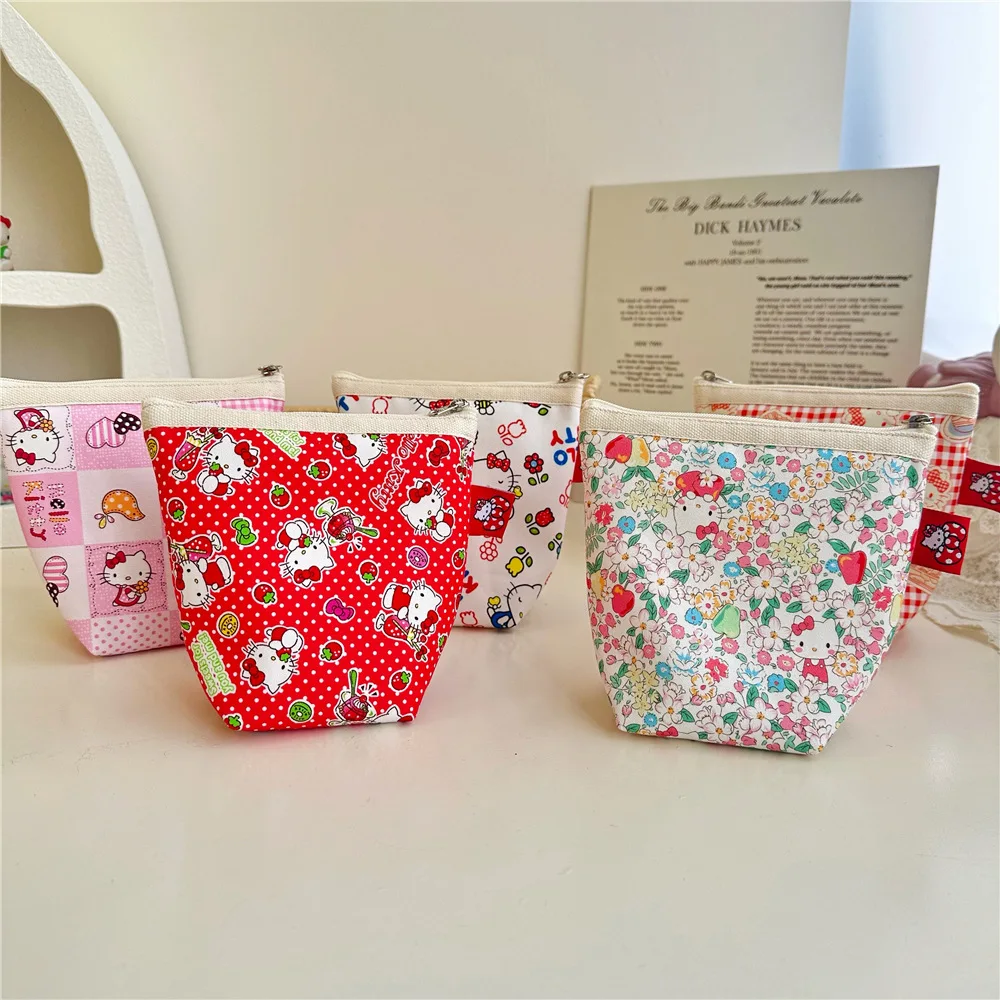 

Kawaii Hello Kitty Cartoon Canvas Makeup Bag Women Anime Sanrio Girl's Heart Cute Portable Lipstick Storage Bag Coin Wallet