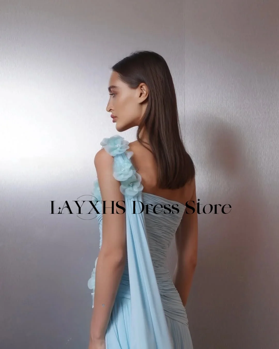 LAYXHS Exquisite blaue One-Shoulder-Abendkleider mit 3D-Blumenfalten für Damen, Party-Abschlussball-Kleider, individuell gestaltet