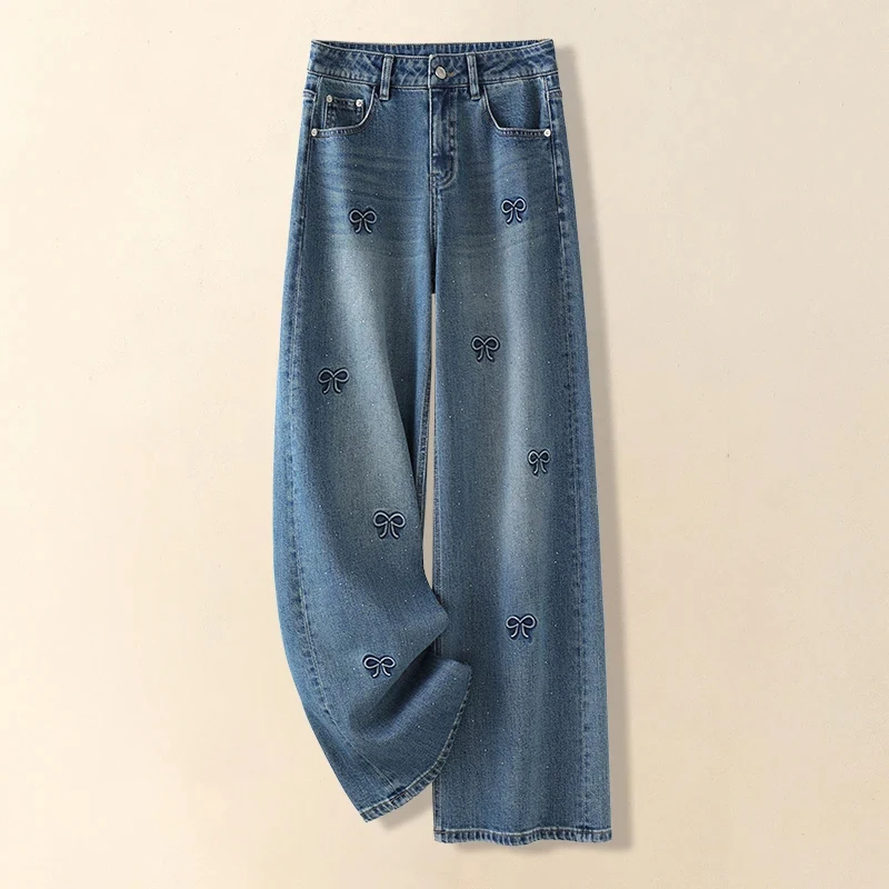 

High Waisted Hot Diamond Jeans Summer Retro Bow Embroidered Straight Leg Denim Pants 2025 Casual Blue Wide Legs Trousers