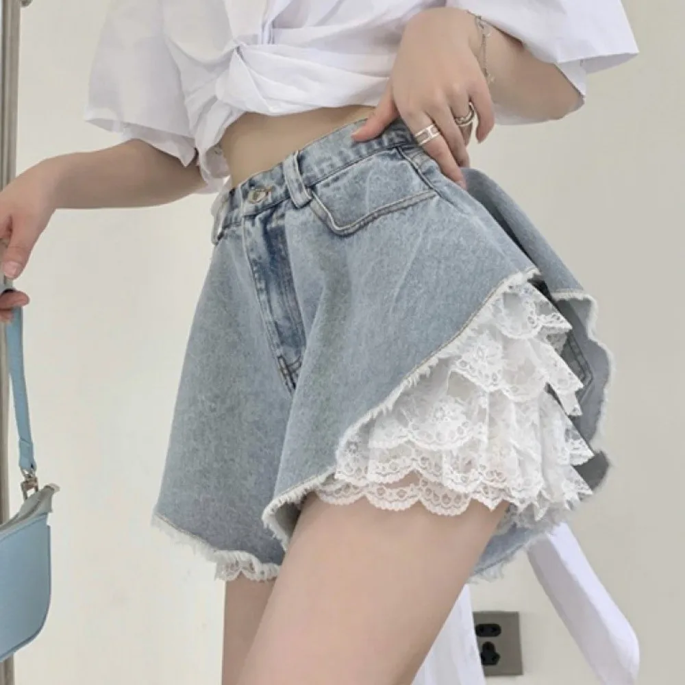 Fashion Lace-up Lace Flower Shorts Drawstring Lolita Style Lace Skirt Support Pants Summer Layered Ruffle Shorts Women Girls