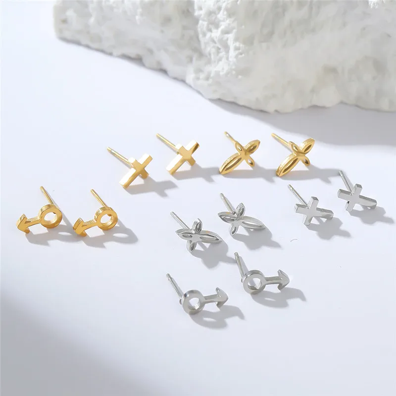 3Pairs/card Classic Stainless Steel Cross Earring Geometric Anchor Ear Jewelry Girls Party Earrings Gifts Accessories Wholesale