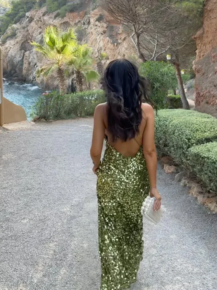 Women's Green Sequin Backless Sling Dress Sexy Sleeveless Off Shoulder Slim Vestidos Elegant Female Evening Party Long Robes