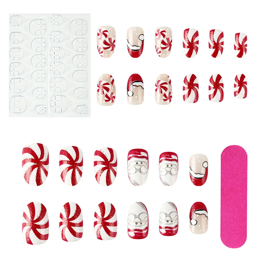 24 pçs papai noel remendos de unhas falsas glitter vermelho estilo francês chapéu de natal projetos imprensa em unhas wearable amêndoa manicure para festa