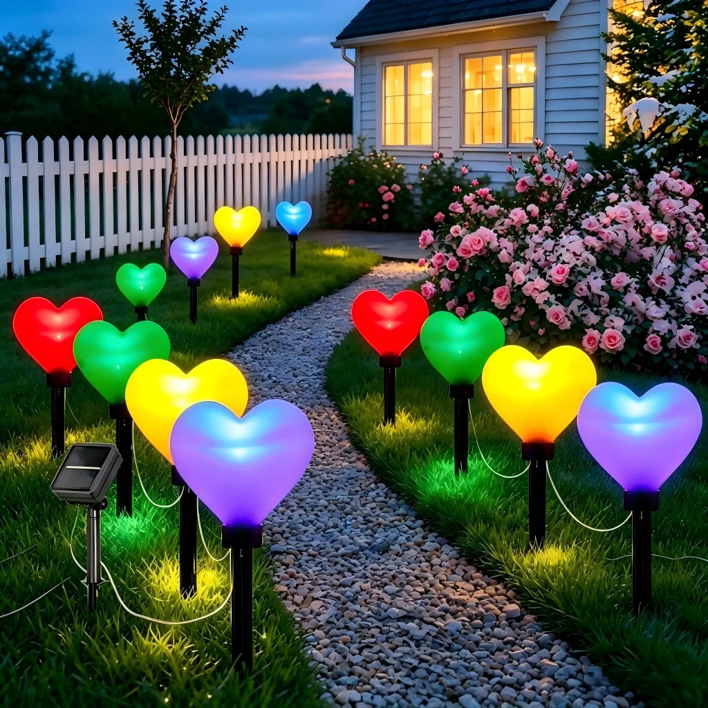 12‑Pack Heart Solar Garden Lights RGB Color Changing IP65 Waterproof Solar Stake Lights for Yard Patio Lawn Wedding Party Decor