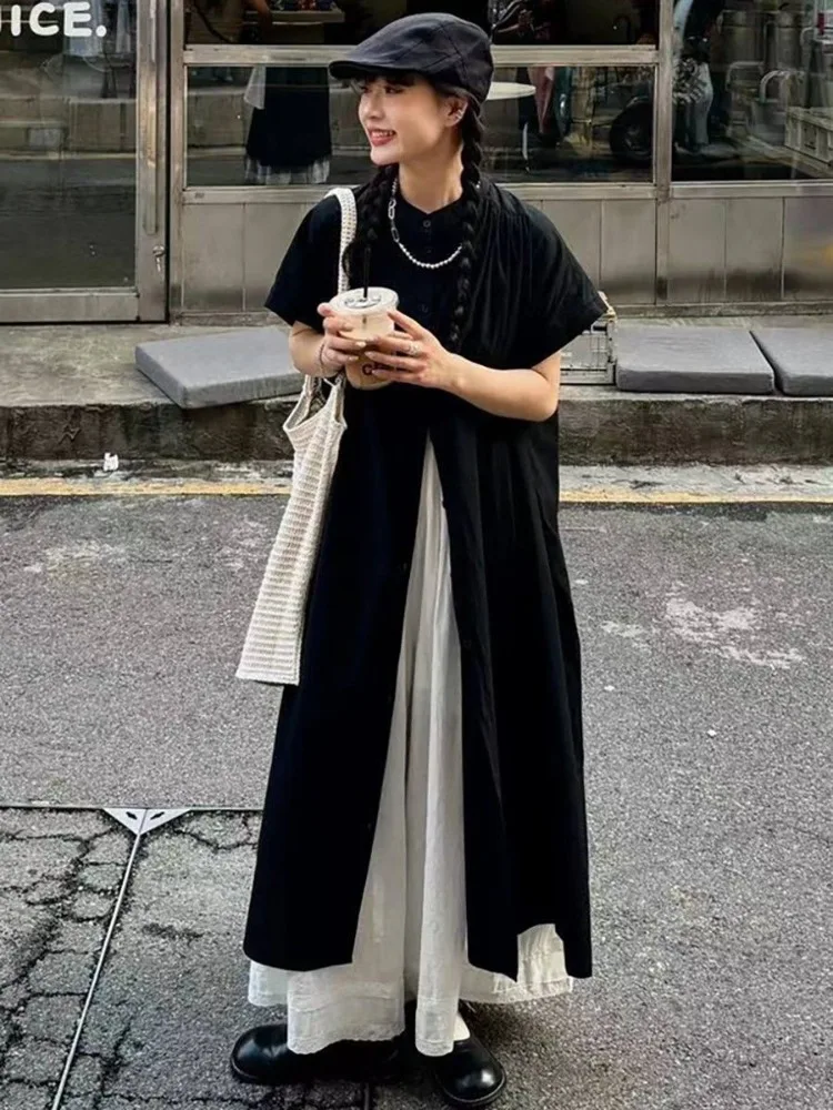 Deeptown Japanese Style Black Shirts Women Long Blouses Kimono Gothic Casual Oversized Shirt Dress Korean Summer Beach Cover Up