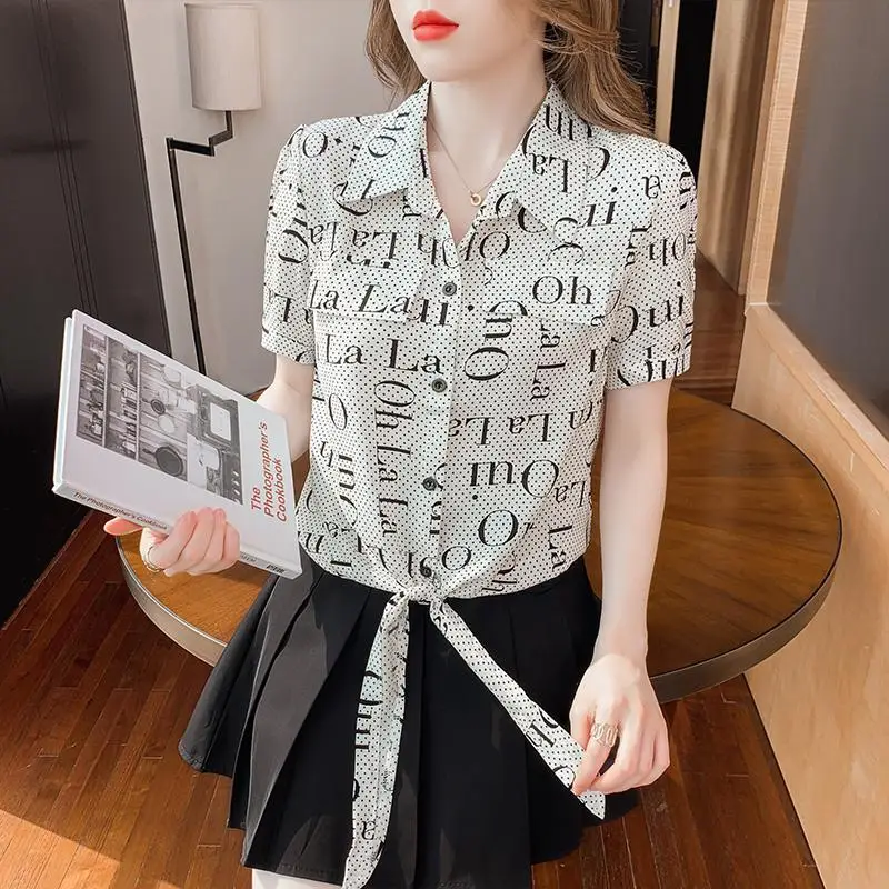 Simplicity Office Lady Summer Women\'s POLO Collar Letter Printing Lacing Single Breasted Loose Short Sleeve Chiffon Shirt Tops