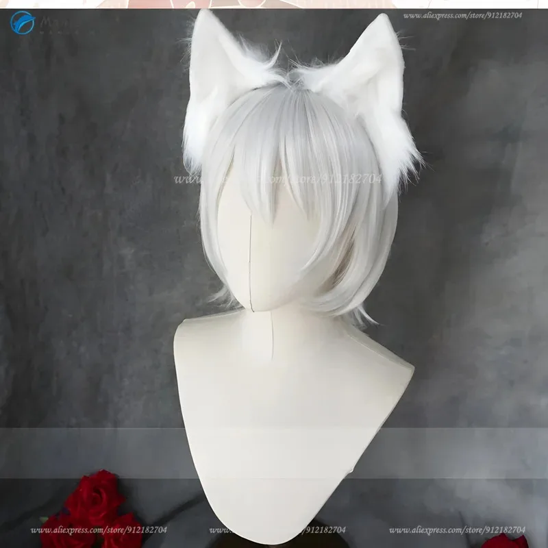 

Cosplay Short Silver White Tomoe Anime Ear Heat Resistant Synthetic Hair Halloween Wigs + Wig Cap