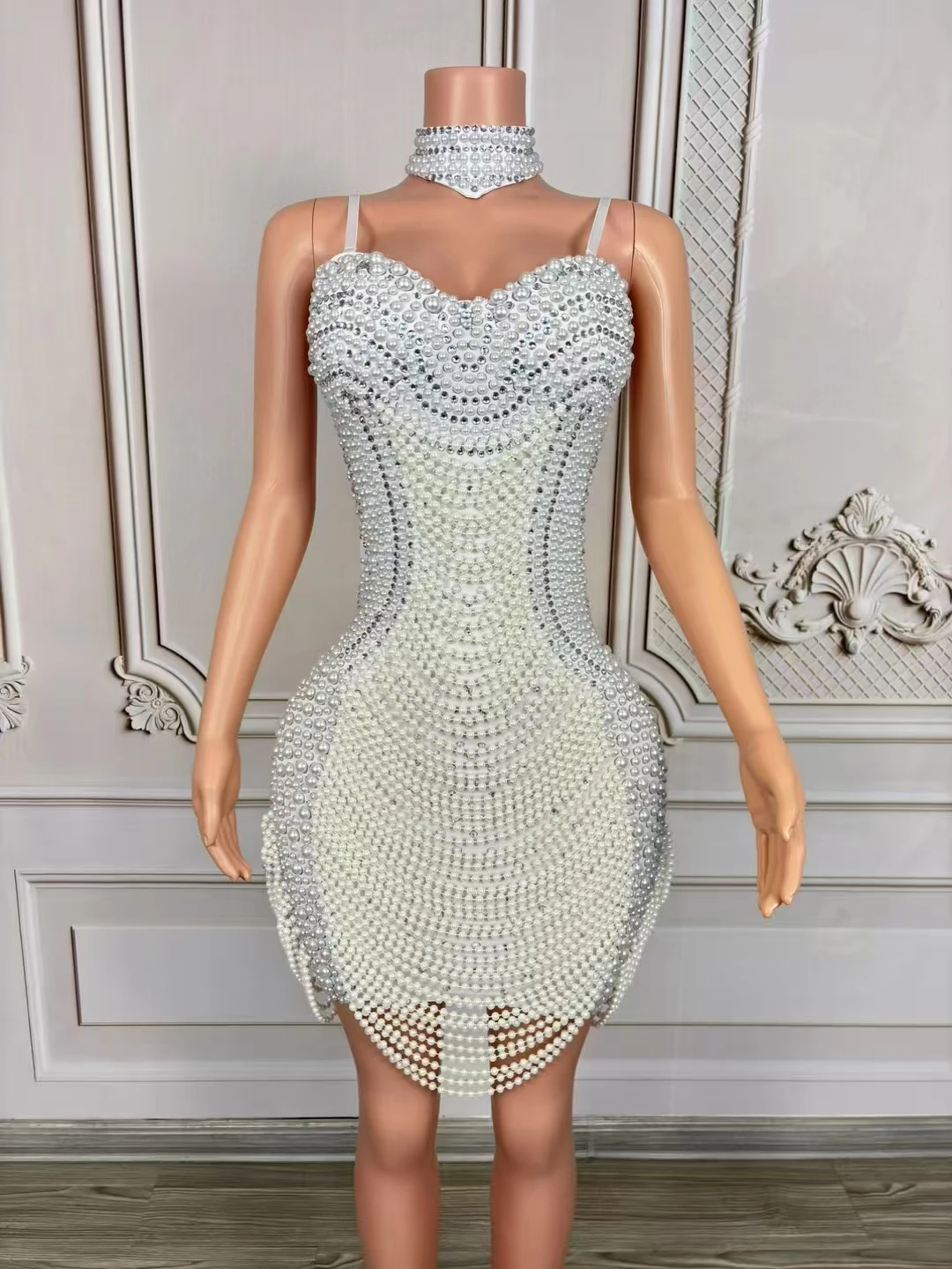 

Women Sparkly Luxury Pearls Slip DressBirthday Party Festival Celebrate Rhinestone EveningDress Night Prom Outfit D221
