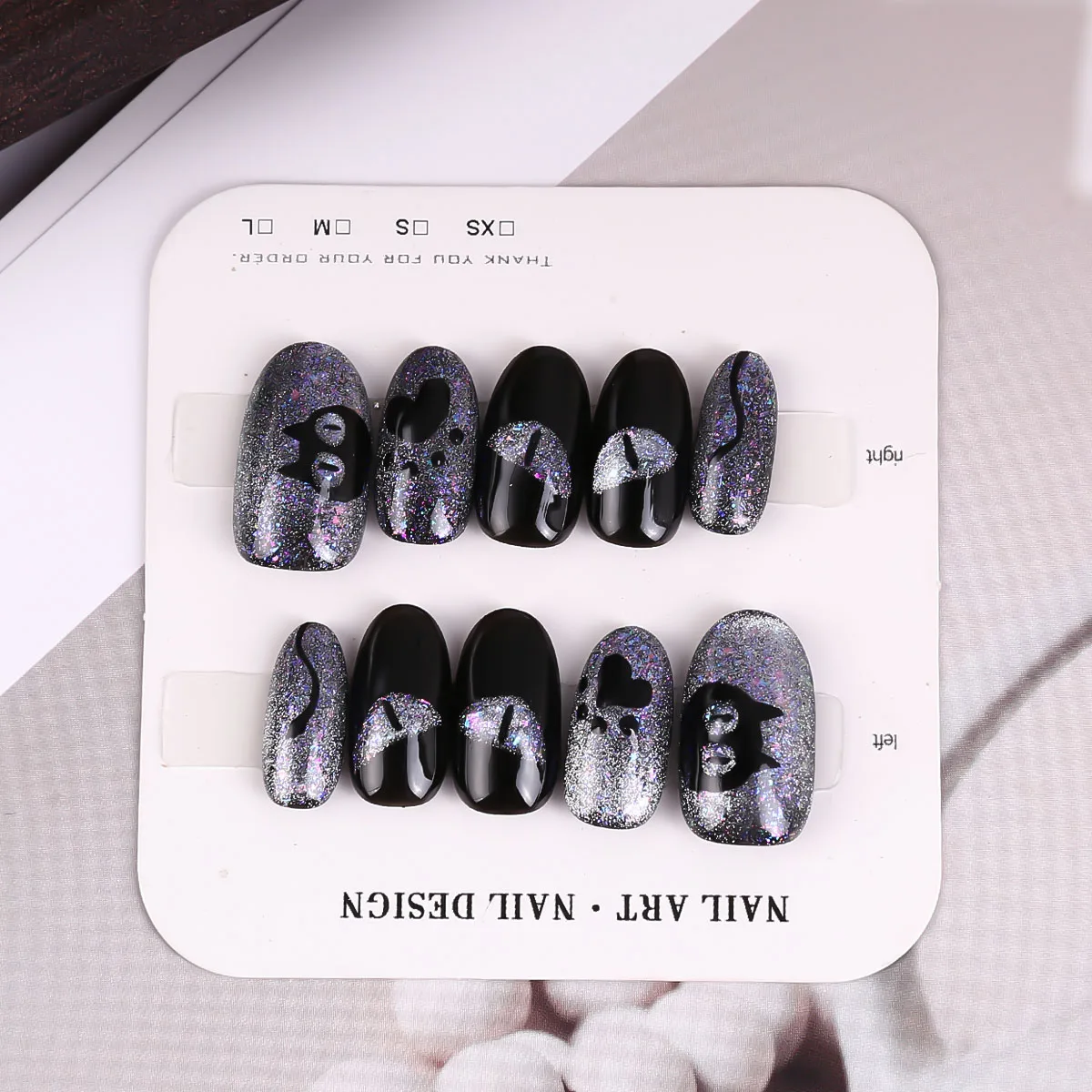 

Накладные ногти ручной работы в готическом стиле, панк, черные, с ручной росписью, полное покрытие, носимые европейские накладные ногти в виде гроба средней длины