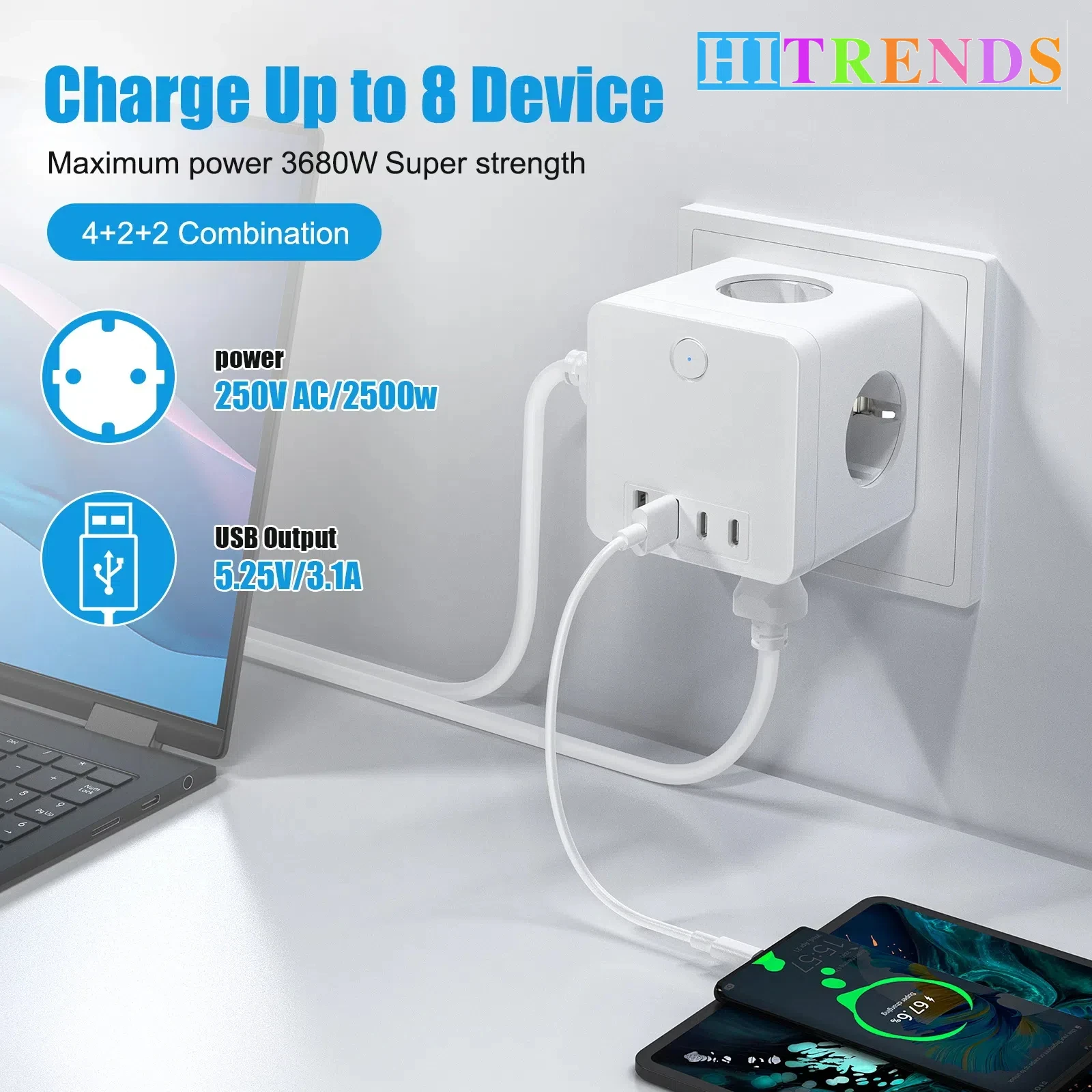 

Электрическая вилка, удлинитель, 4 розетки переменного тока, 2 USB и 2 переключателя ленты для быстрой зарядки типа C, 16 А, 250 В, 3680 Вт, подходит для семейных путешествий