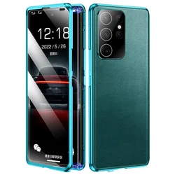 Double sided Magnetic Case For Samsung Galaxy S22 S23 Ultra Front Tempered Glass+Back Leather Lens S22 Plus Protective Cover