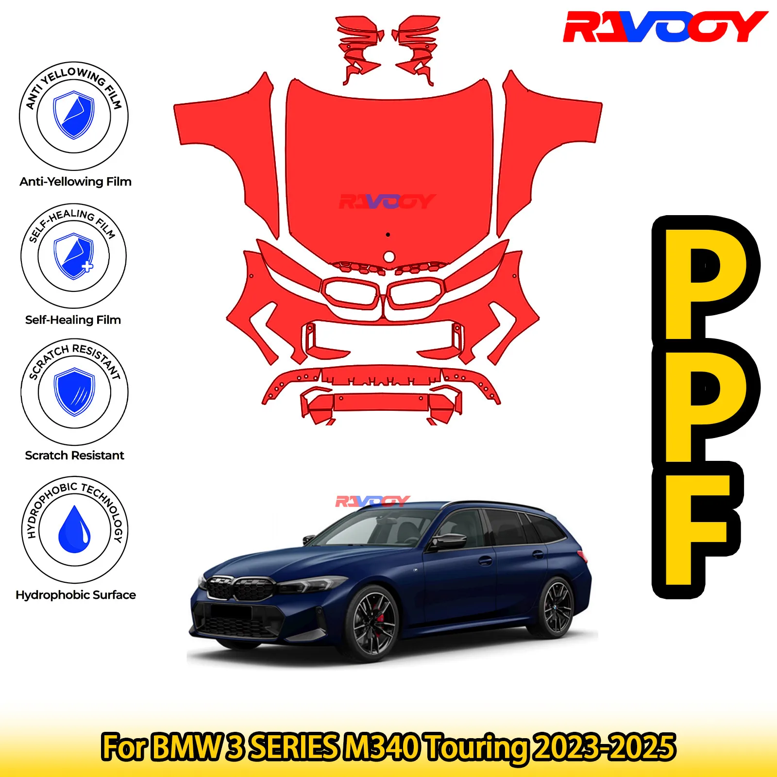 

Для BMW 3 SERIES M340 Touring 2023-2025 глянцевая матовая черная предварительно вырезанная передняя пленка PPF, защитная пленка для краски