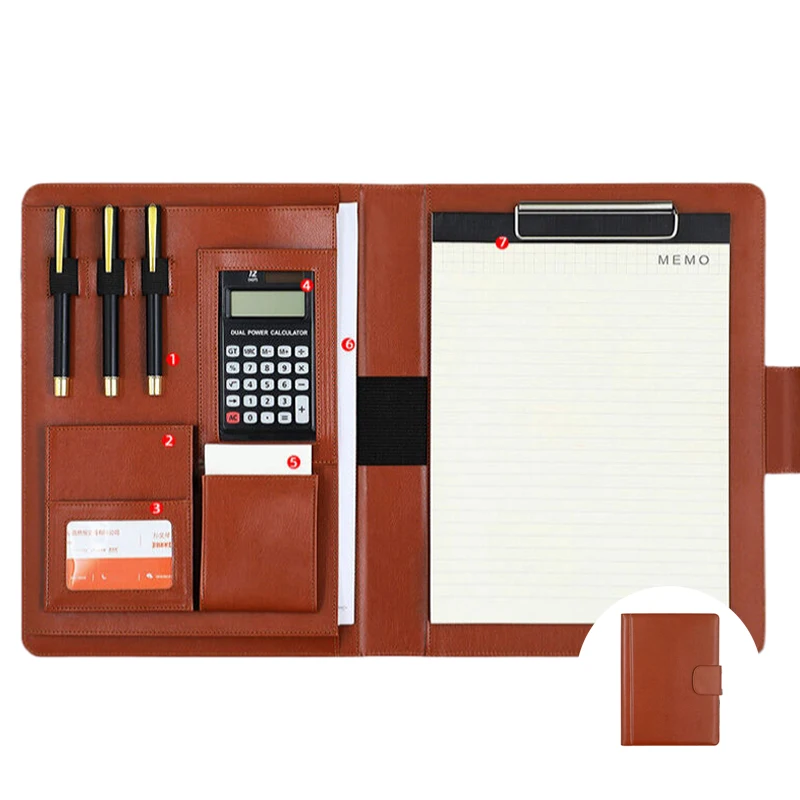 Multifunctional A4 Leather Portfolio Folder Files Organizer for document Man Executive Briefcase Clipboard withCalculator Office