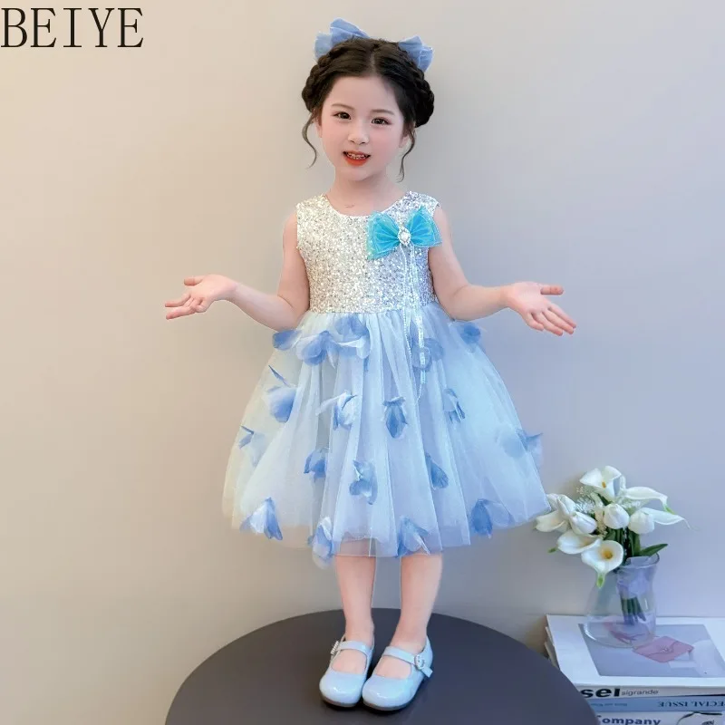 

Summer Girls Sequin Petal Tulle Dress Sleeveless Sparkly Princess Dress Kids Bow Decor Birthday Party Wedding Ball Gown