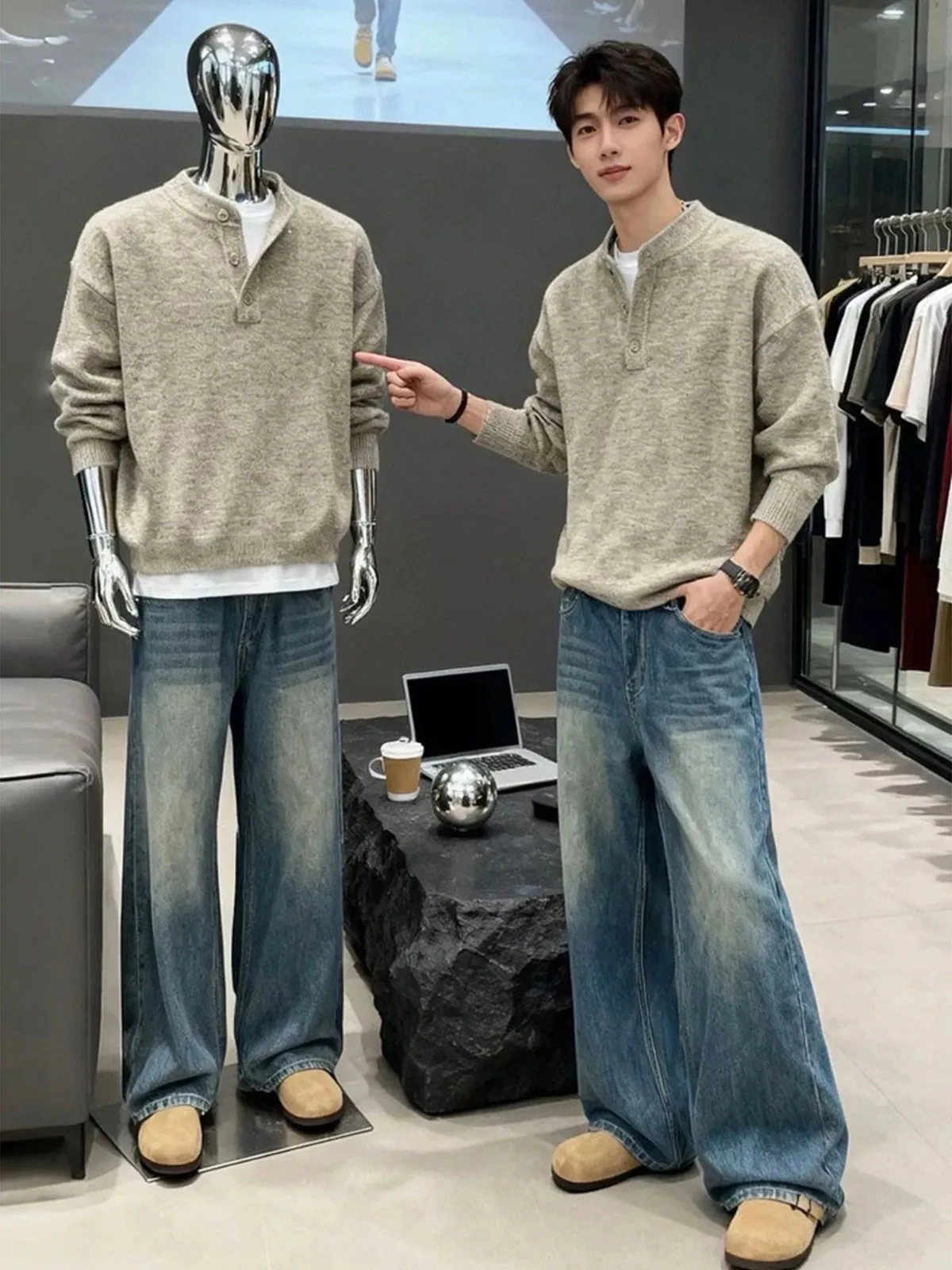 

Cleanfit ey Deer Velvet Henry Collar Knitwear for Men oulder Width Regular Fit Long Sve Warm Color Base Layer Top