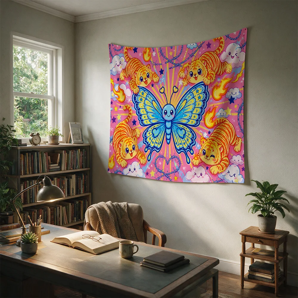Colorful Cartoon Butterfly and Cute Tiger Kids Nursery Wall Hanging Tapestry Boho Nursery Decor Gift for Baby Room