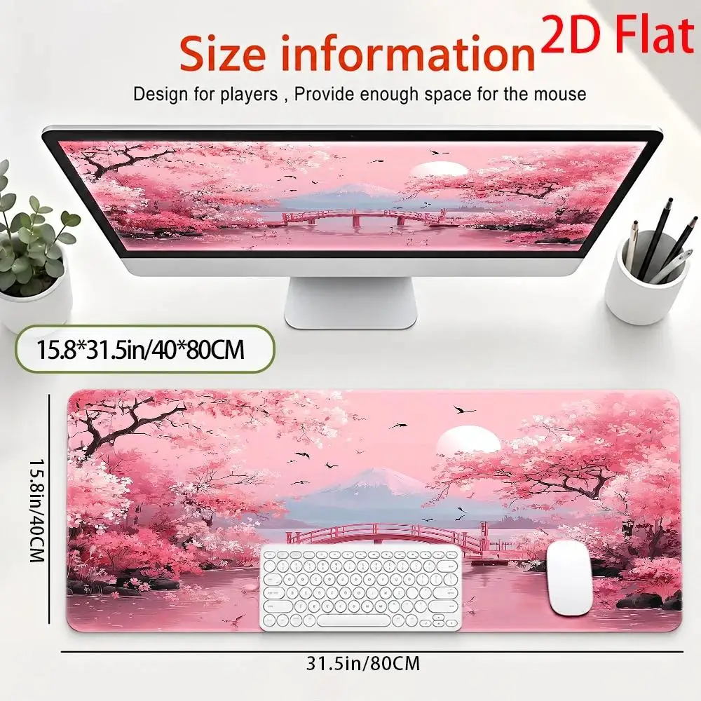 Two-dimensional plane Japanese cherry blossom landscape large mouse pad, with a serene pink bridge theme, minimalist artistic