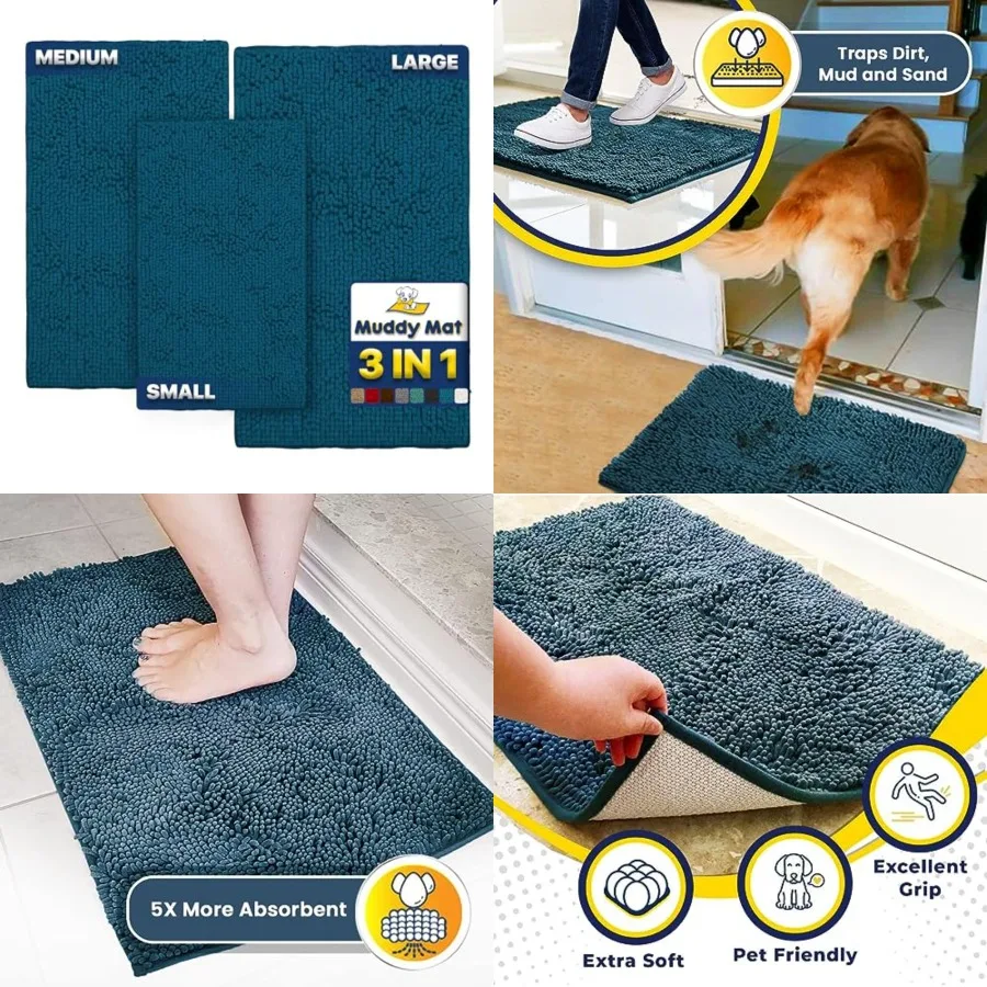 

® Pack of 3 Highly Absorbent Microfiber Dog Door Mat and Pet Rug, Non Slip Thick Washable Area Mat Soft Chenille for Kitchen Ba
