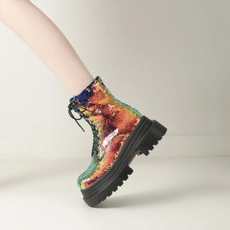 

Silver Bling Bling Ankle Boots Womens Gold Sequined Block Heels Lace-up Green Glitter Zipper Shoes Lady Party Motorcycle Booties