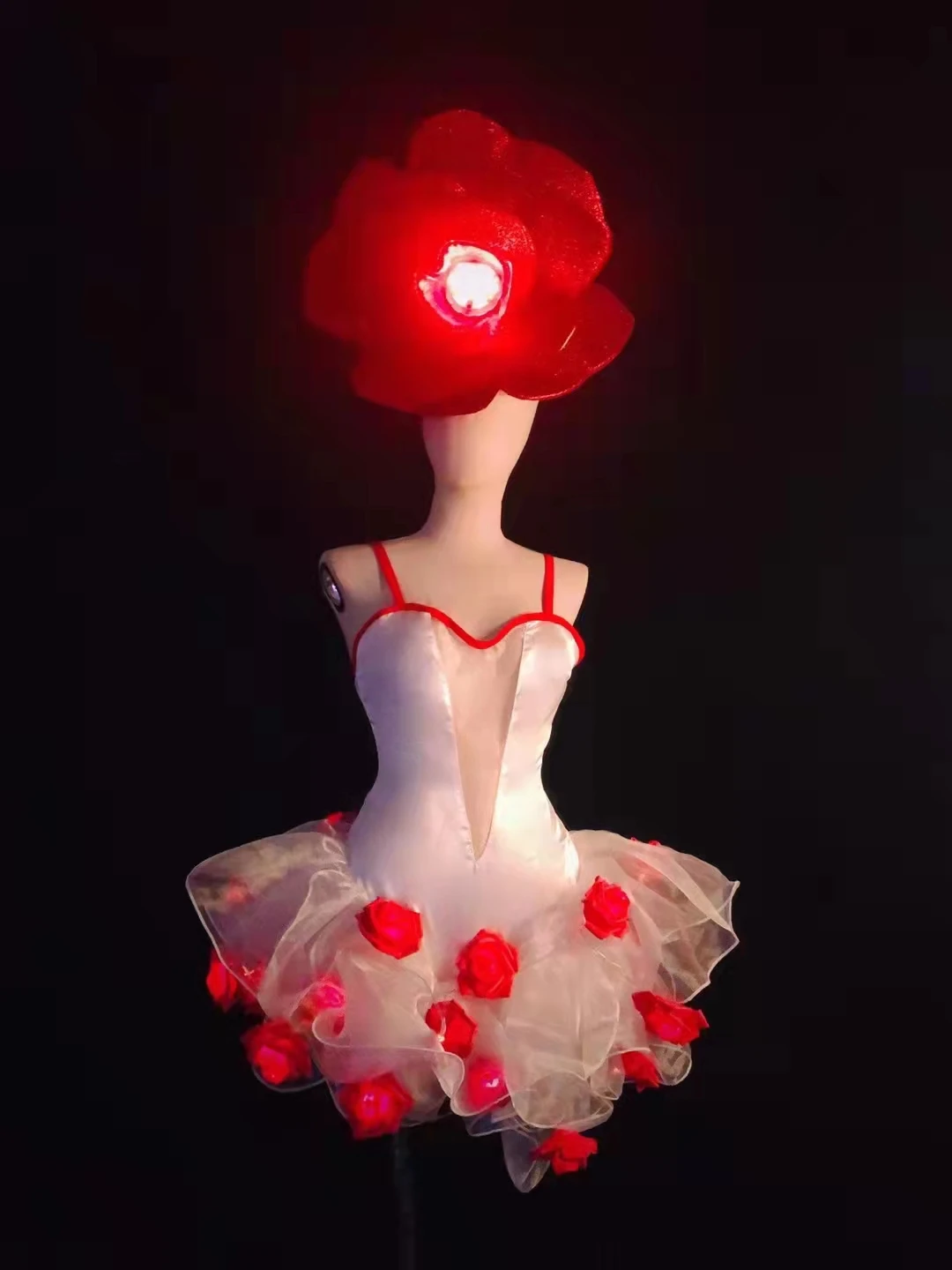 Sexy Stage Wear Bar Performance Dance Costume Luminous LED Rose Flower Big Headgear White Gauze Floral Dress Valentine's Day