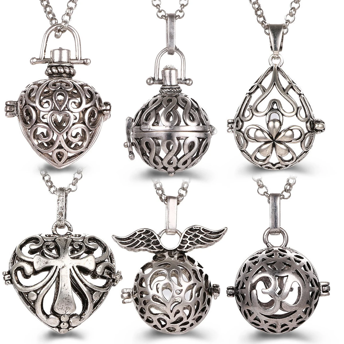 2022 New Angel Wings Aromatherapy Cage Caller Locket Necklace Heart Cross Woman Essential Oil Diffuser Pendant Romantic Jewelry