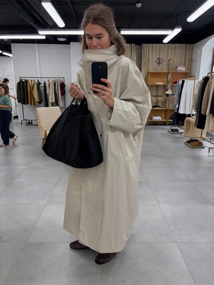 Women Casual Long Trench Coat with Lapel Collar Single-Breasted Batwing Sleeves Windbreaker New Streetwear Oversized Outerwear view 2