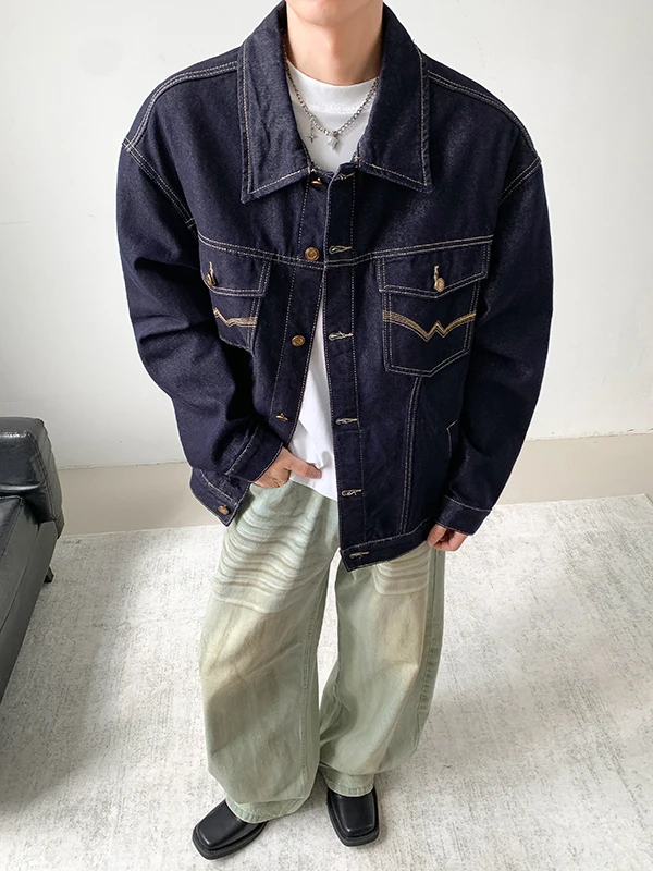 

Trendy Waed Denim Jaet Men's Loose Casual American Sle Autumn Workwear Top Youth ular Long Sve Flip Collar Jaet