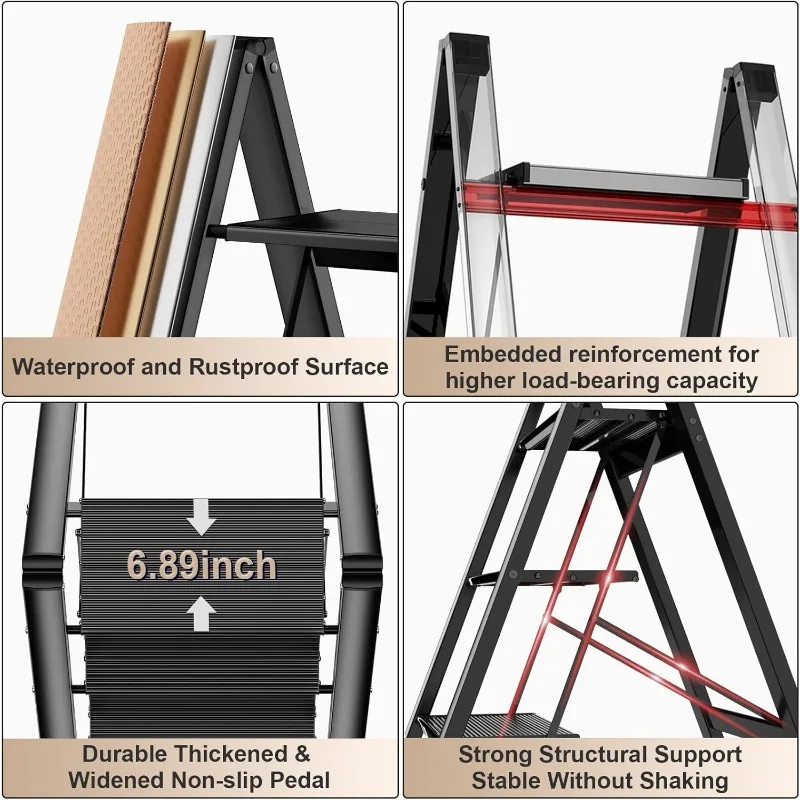 4 Step Ladder Foldable Step Stool, Aluminum Stepping Stools for Adults, Wide Pedal Portable 330 Lbs Capacity