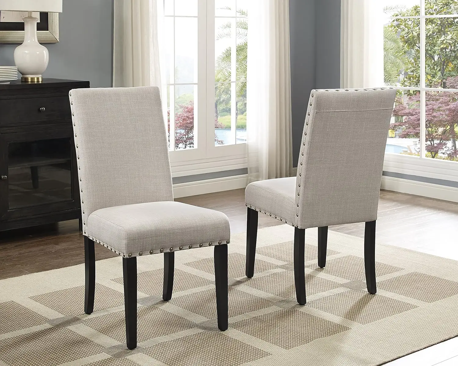 

Furniture Tan Fabric Dining Chairs with Trim, Set of 2, Brown, Tan