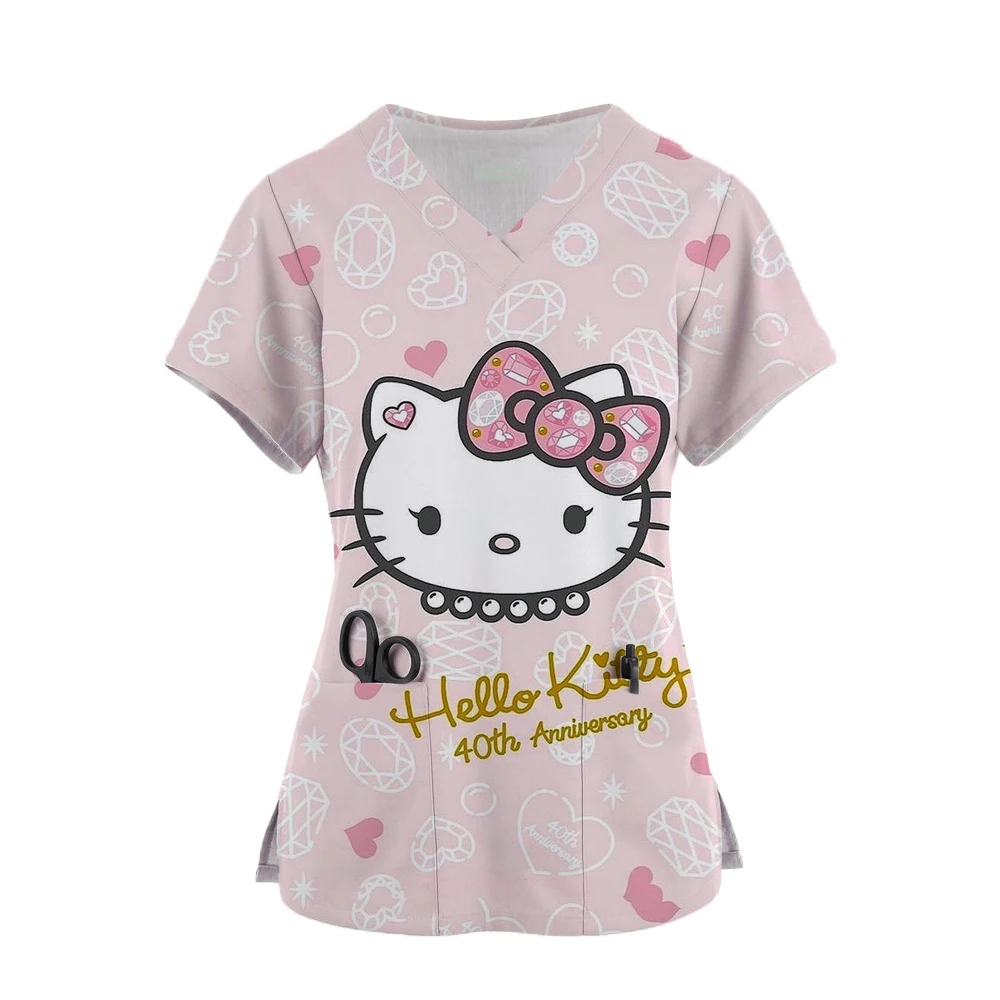 Nurse Uniform Women Short Sleeve Hello Kitty Working Uniform Pocket Blouse Scrubs 2024 Nursing Medical Uniforms Accessories