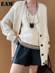 [EAM] Apricot Big Size Elegant Knitting Cardigan Sweater V-Neck Long Sleeve Women New Fashion Tide Spring Autumn 2024 1DH7138