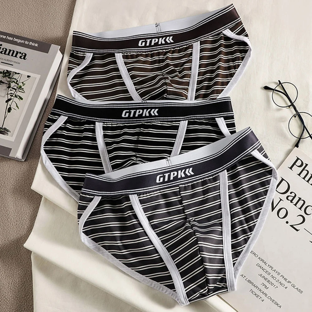 

Men High Fork Striped Lingerie Soft Underpants Stretch Comfortable Briefs Breathable Low Waist Sexy Underwear Seamless Panties