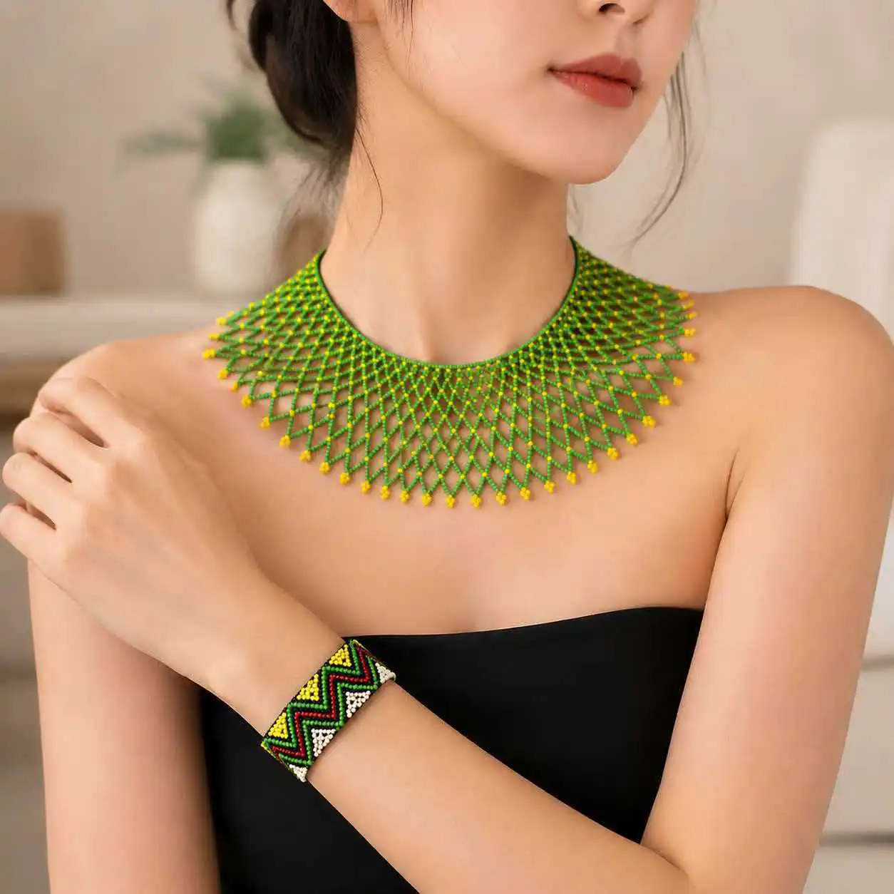 Handwoven Ethnic Green Seed Beaded Statement Collar Choker Necklace And Matching Bracelet Set For Women Boho Style Party Jewelry