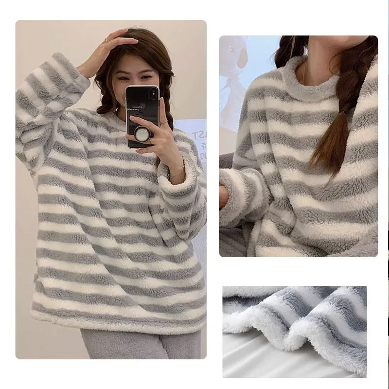 2PCS/Set Padded Thickened Warm Fall Winter Long-Sleeved Soft Pajamas Women Coral Flannel Outside Striped Flannel Homewear