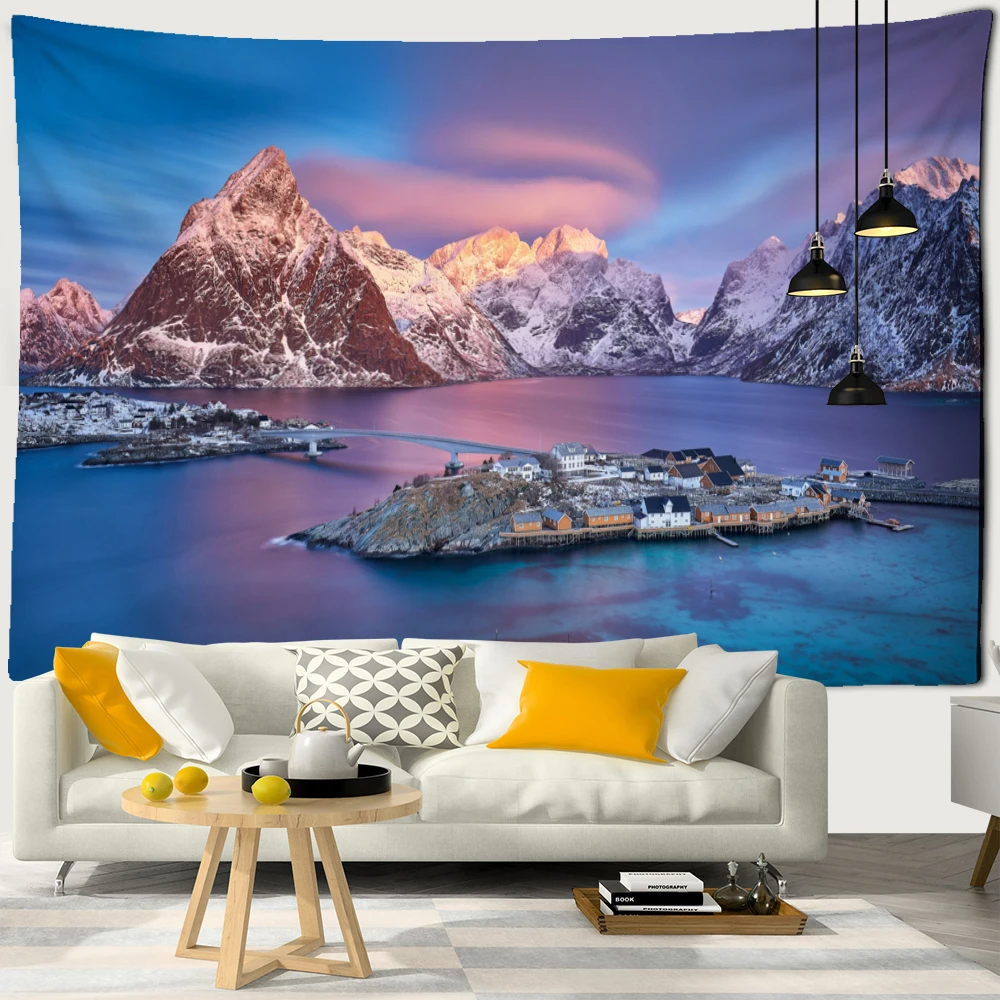 Aurora Snow Mountain Landscape Tapestry Wall Hanging Bohemian Style Mystery Home Wall Decor Background Cloth