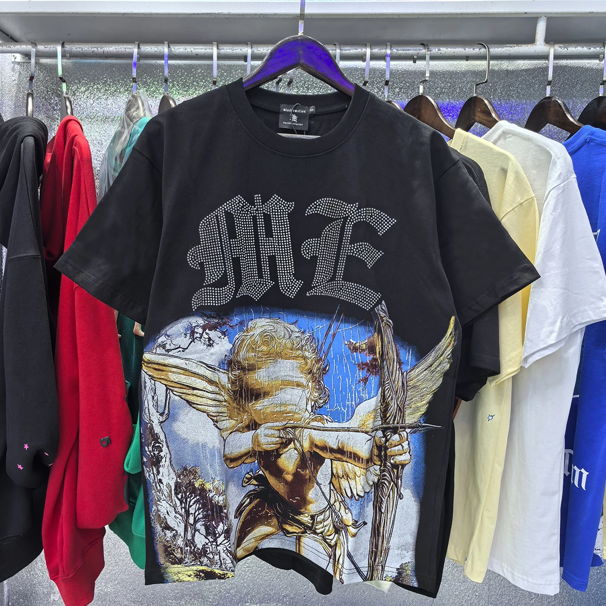 

Mixed Emotion Letter White Angel Rhinestone Short Sleeve Mens Tshirts Streetwear Vintage Crew Neck Cotton Top Tees Oversized