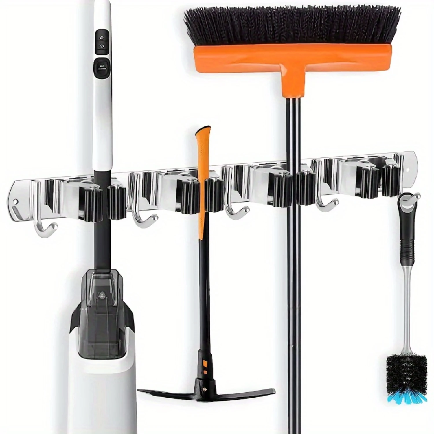 

Stainless Steel Mop And Broom Holder - Wall-Mounted, No-Drill Installation, Heavy-Duty Organizer With & Clips For Kitchen, Bath