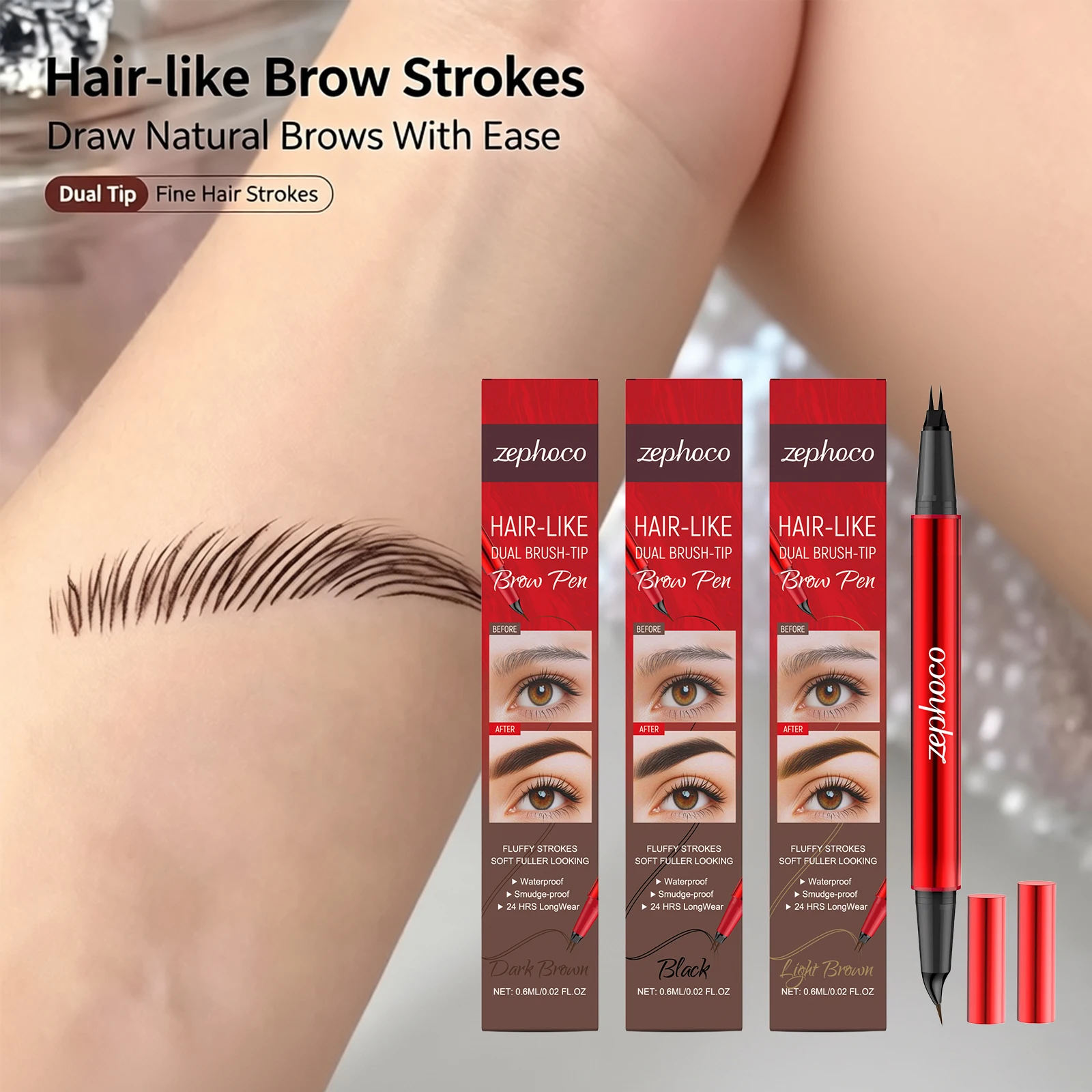 2-in-1 Brow Pen with Micro Fork Tip & Precision Brush Waterproof Sweat Eyebrow Pencil Natural Wild Stereo Long Lasting Eyebrow