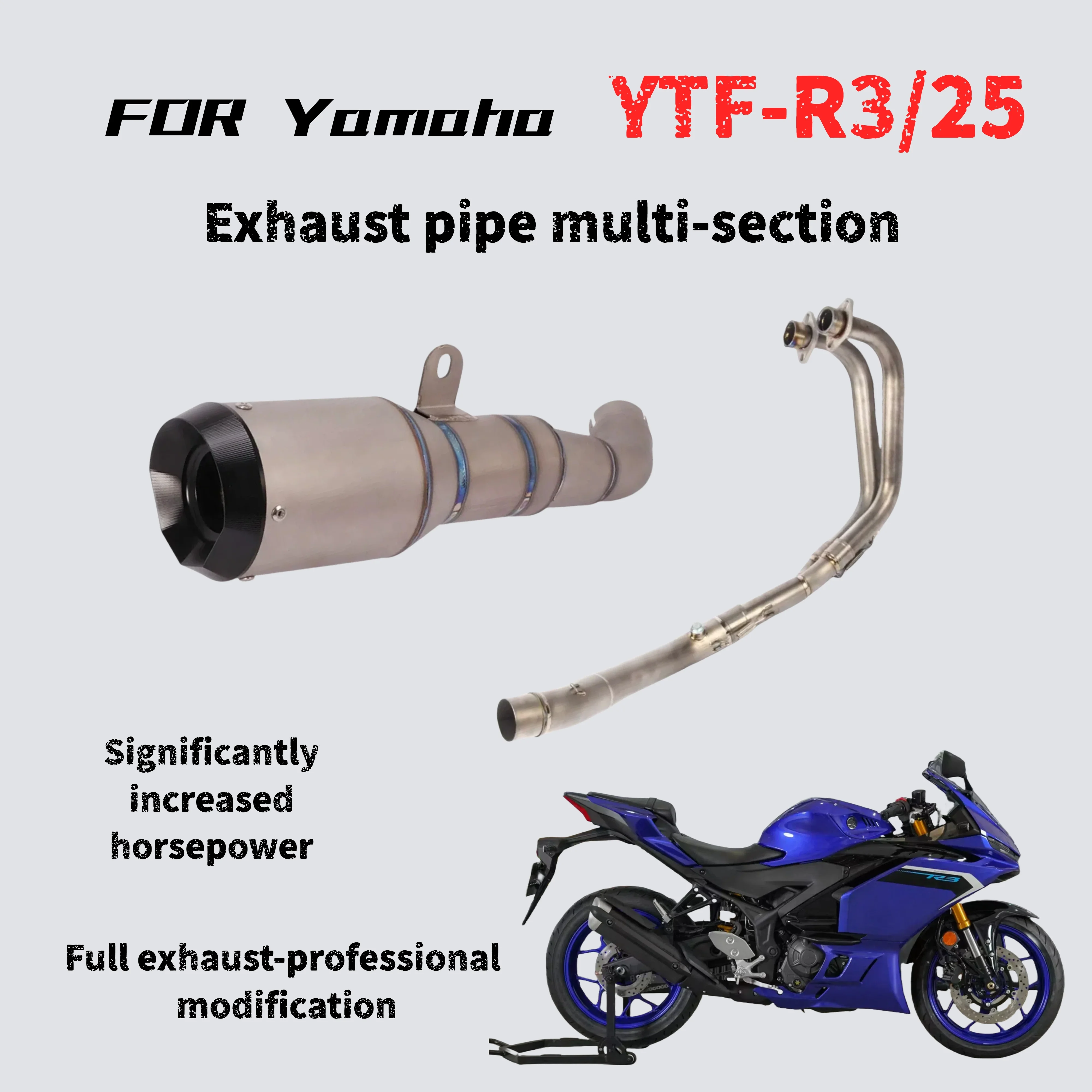 

For Yamaha YTF-R3/25 modified multi-stage exhaust pipe, the sound is deep, thick and powerful
