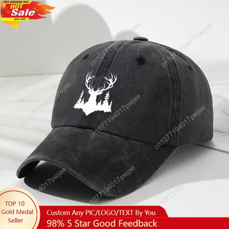 

Unisex Retro Soft-Top Baseball Cap with Deer & Pine Tree Silhouette Design - Adjustable Lightweight Outdoor Hat for Fishing, Cam