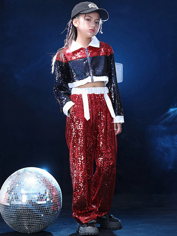 Tops Kids Hip Hop Clothing Kpop Modern Dance Clothes Stage Suit Girls Jazz Dance Performance Costume Red Sequin Pants Crop