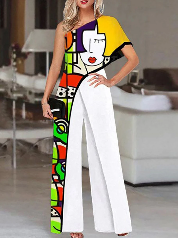 Colorful Ladies Face Print Slim Jumpsuits Summer Off Shoulder Diagonal Collar Sexy Rompers Women Loose Straight Wide Leg Pants