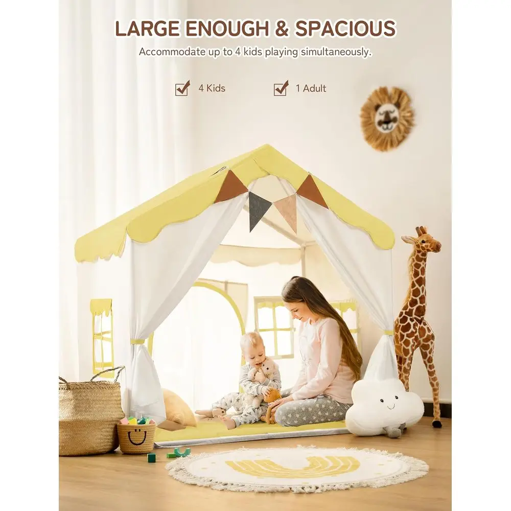 Tenda da gioco per bambini 2 in 1 con tappetino imbottito e luci, casetta da gioco per bambini grande con 2 ante e 4 finestre, per interni ed esterni, gialla