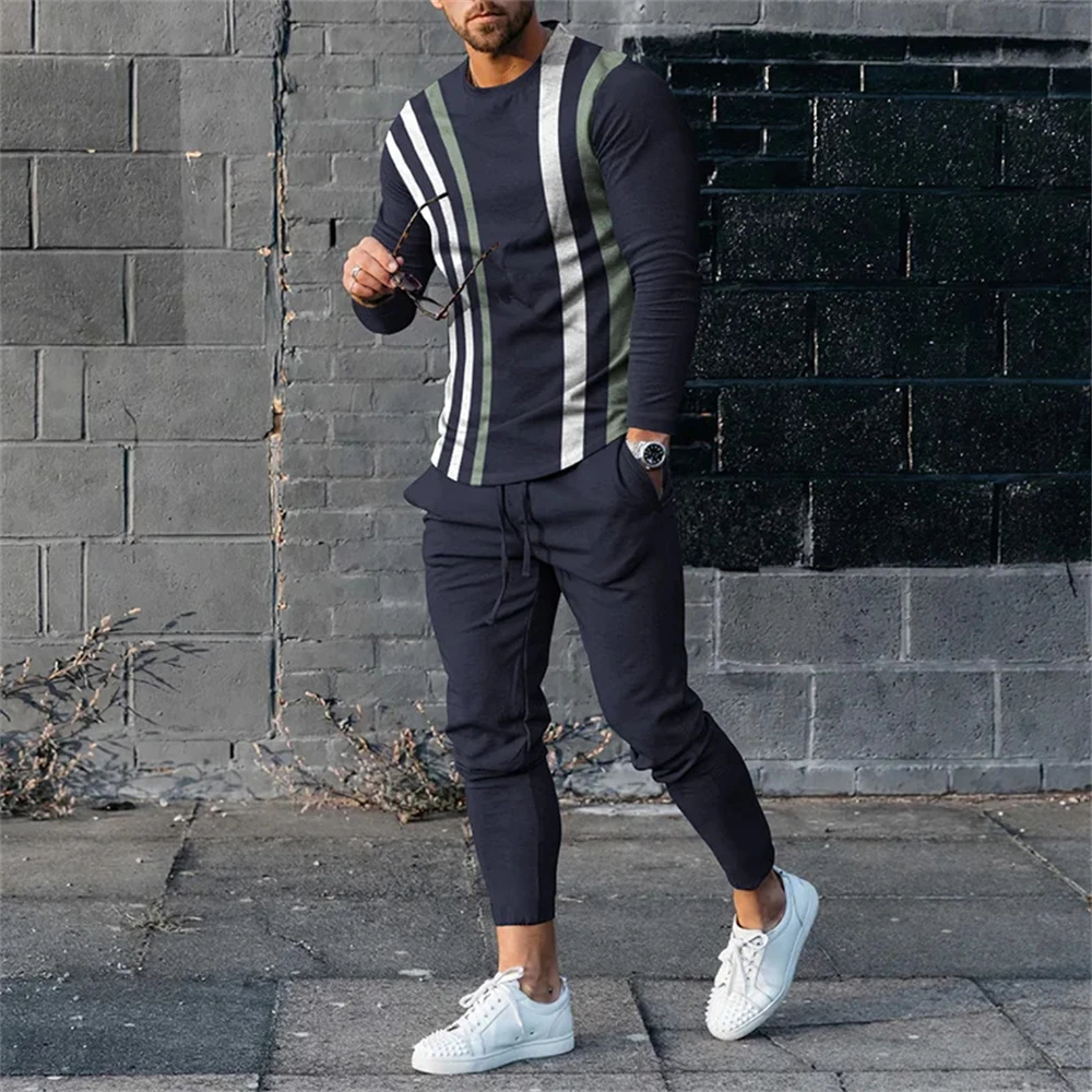 Fashion Men\'s Long Sleeve T-shirt Set Sports Pants New 3D Printed Casual Male Clothes Oversized Tracksuits 2 Piece Men Clothing